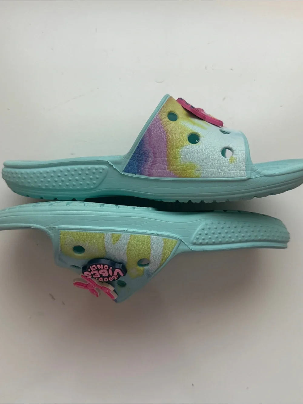 CROCS Kids Light Blue Tie-Dye Slide Sandals Size 12 w/charms